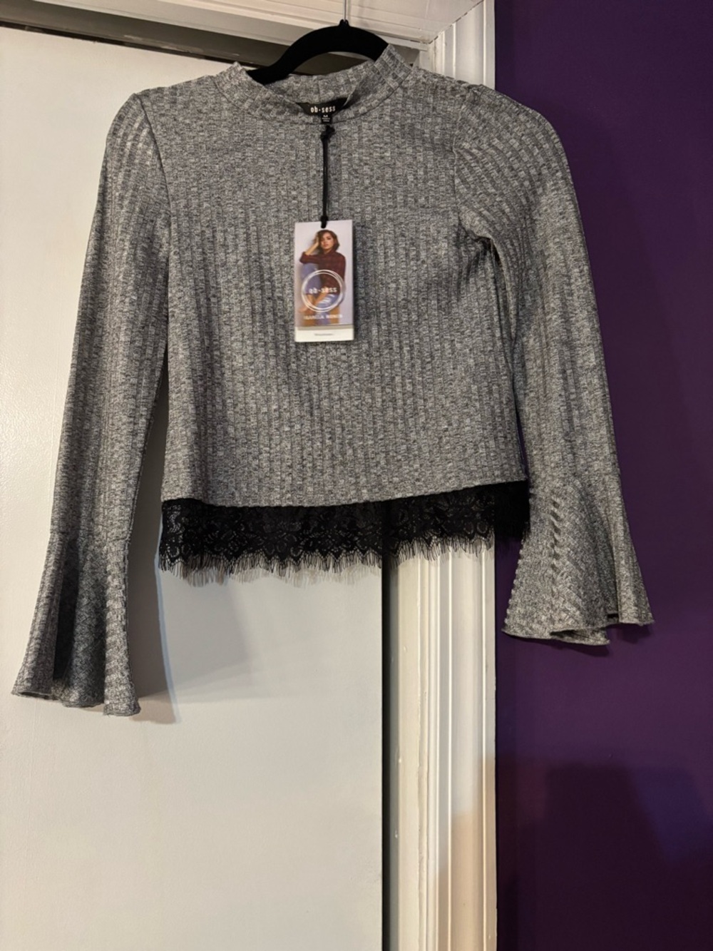Ob-sess NWT Ribbed Gray Lace-Hem Long Sleeve Crop Top